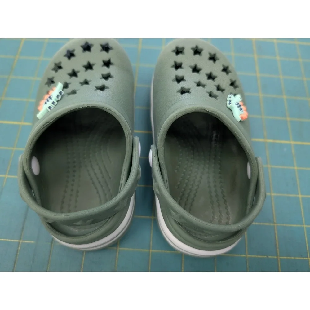 Khaki Slip-On Clogs Solid Round Toe Strap Accent Size 7 Unisex Dinosaur Charm